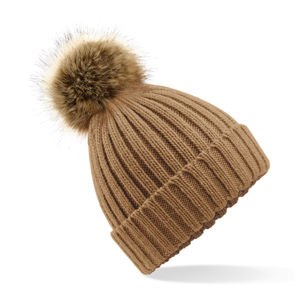 Beechfield® Bonnet epais avec pompon en fausse fourrure Biscuit (B412)