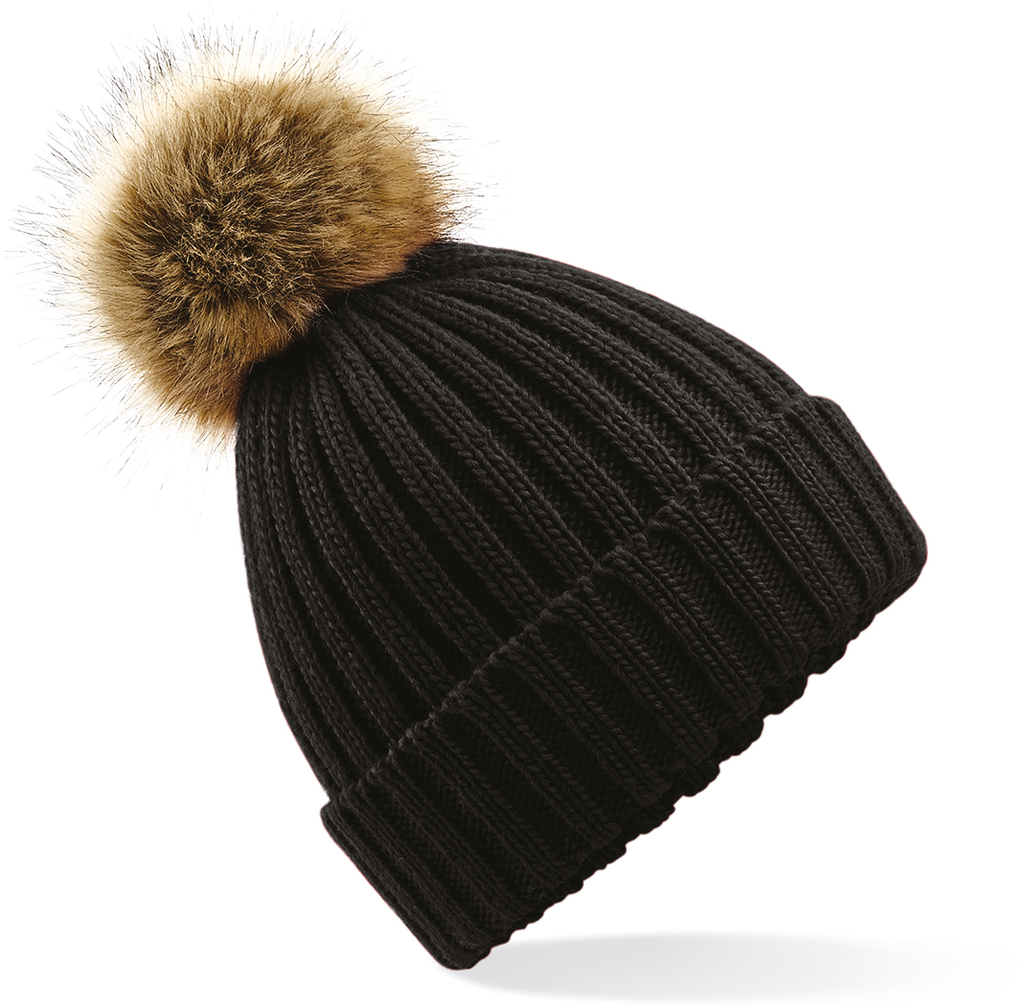 Beechfield® Bonnet epais avec pompon en fausse fourrure Black (B412)