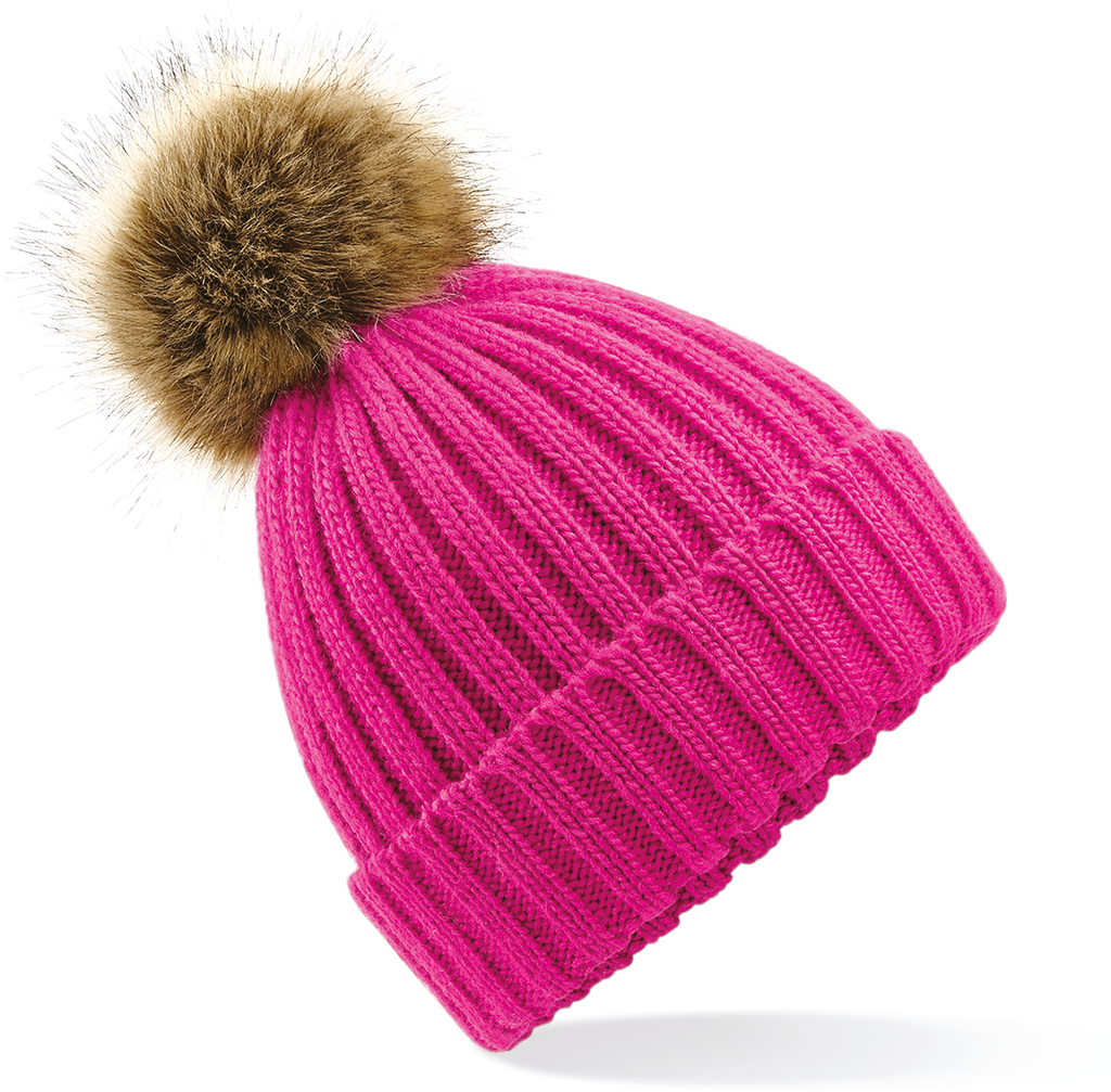 Beechfield® Bonnet epais avec pompon en fausse fourrure Fuchsia (B412)