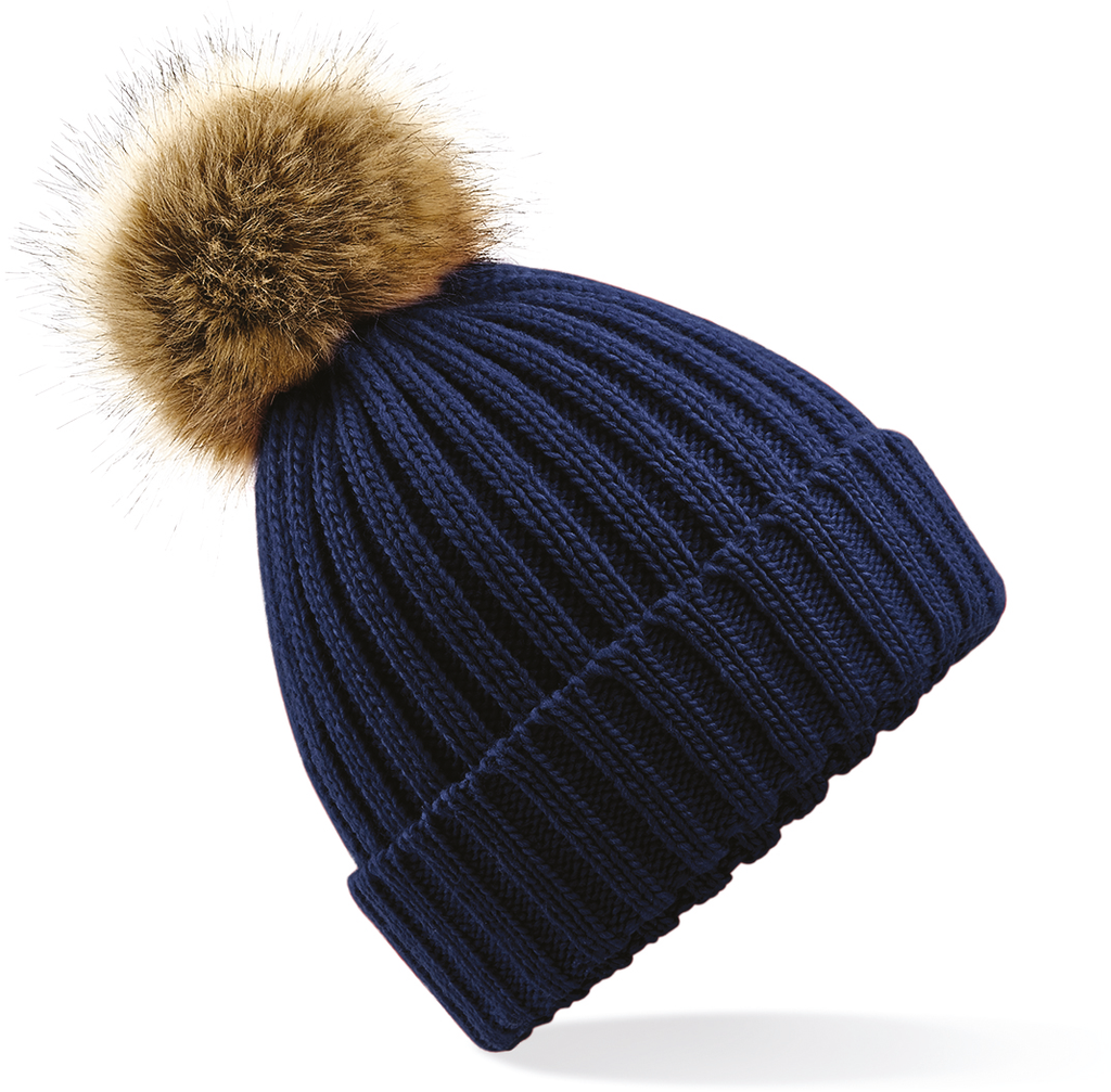Beechfield® Bonnet epais avec pompon en fausse fourrure Navy (B412)