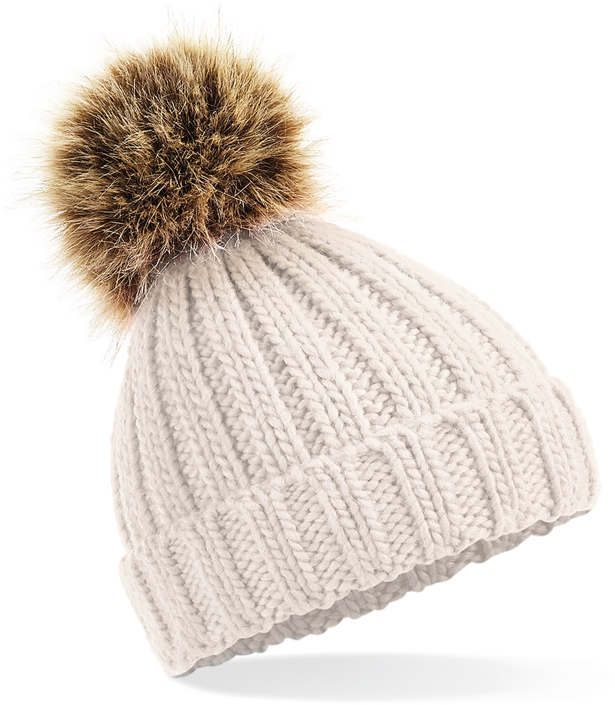 Beechfield® Bonnet epais avec pompon en fausse fourrure Oatmeal (B412)