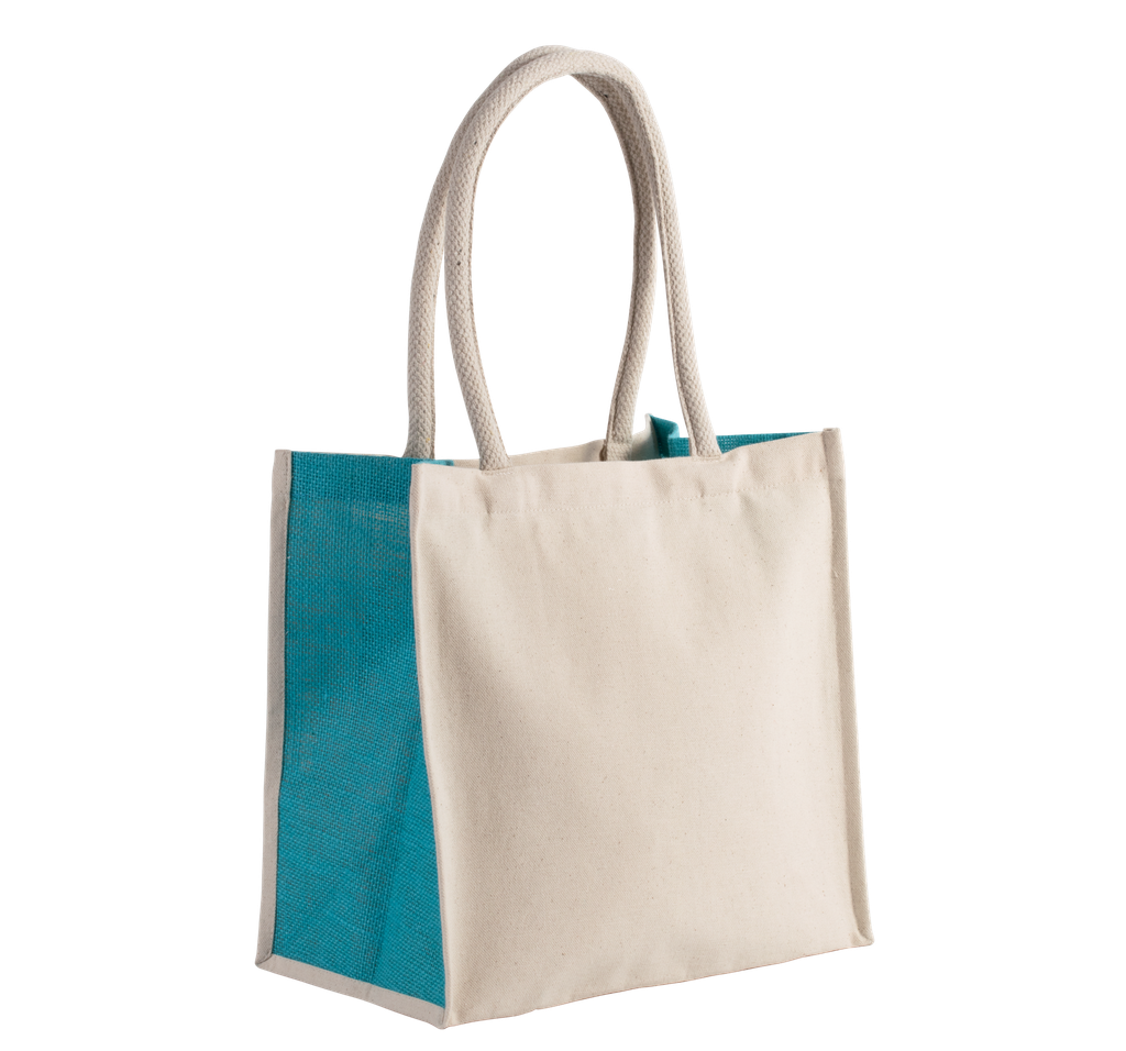 Kimood Sac cabas en coton / jute - 17 L Natural / Turquoise (KI0255)