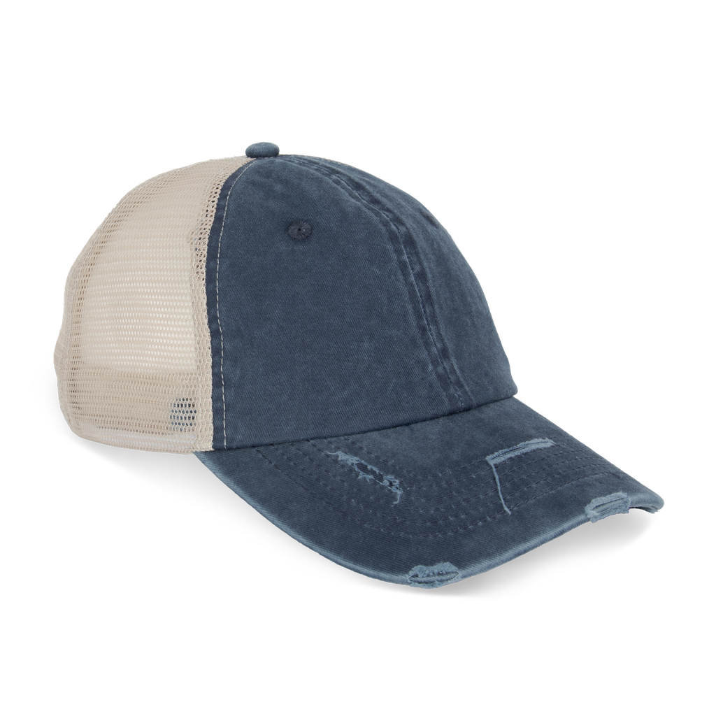 Native Spirit Casquette trucker écoresponsable effet déchiré unisexe Washed Navy Blue / Beige (NS027)
