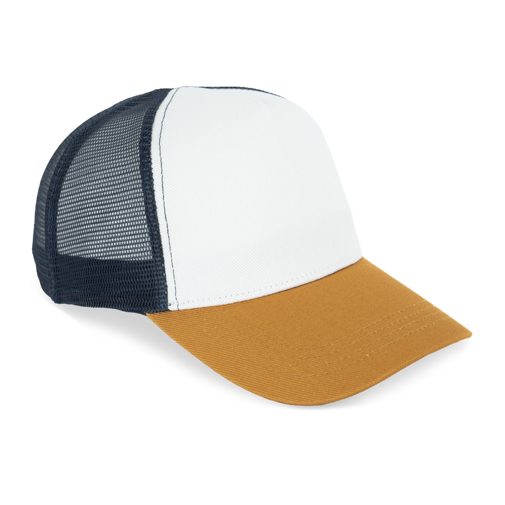 Native Spirit Casquette trucker écoresponsable 5 panneaux unisexe Ivory / Curcuma / Navy Blue (NS035)